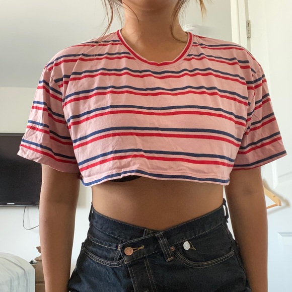 Princess Polly Tops - Pink crop top with red and blue strips